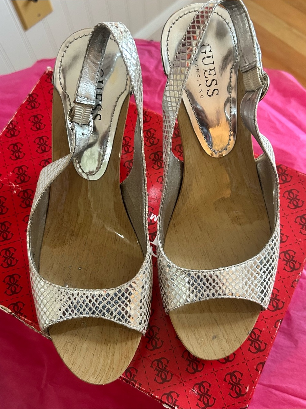 GUESS Metallic Silver Snake-Print Slingback Mules